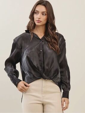 Nordstrom Satin Button-Front Twist Hem Top - Black